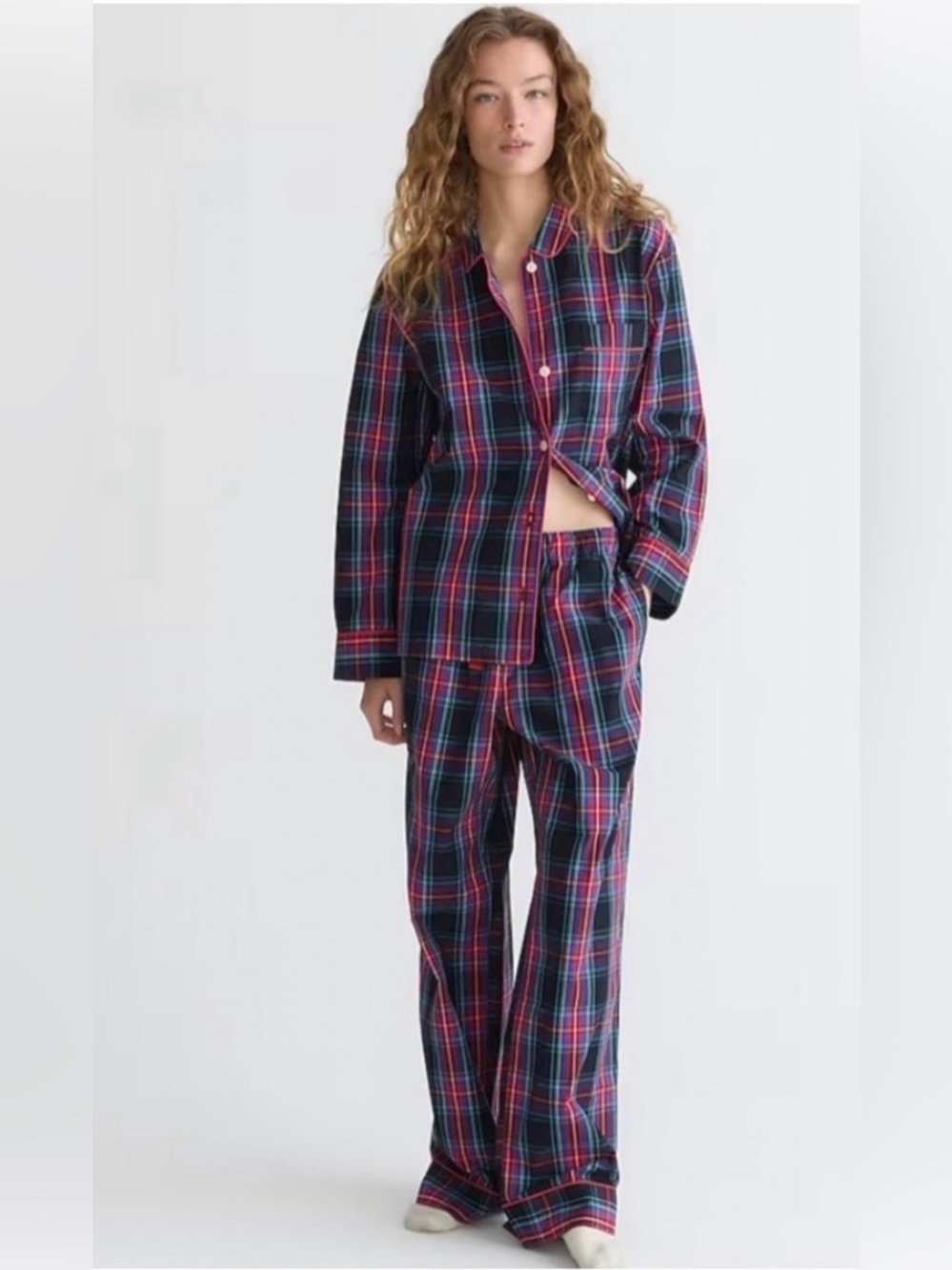 J Crew Long Sleeve Cotton Poplin Pajama Set in Black Stewart Tartan NWOT